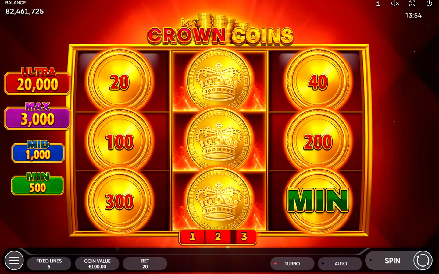 Pokerdom казиносындағы Endorphina-дан Crown Coins ойын автоматының интерфейсі